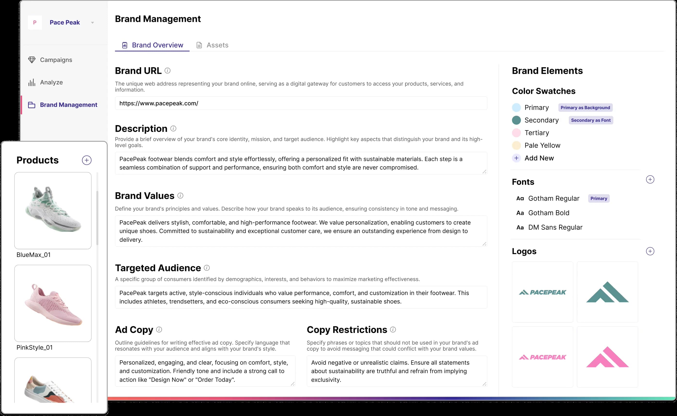 Omneky brand management dashboard showing centralized brand assets and guidelines